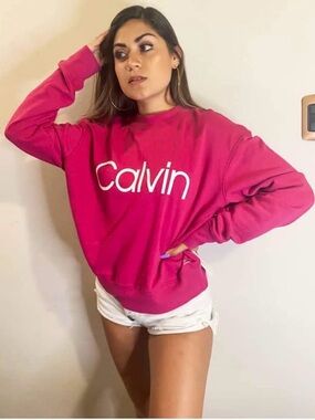 Calvin Klein Pink Logo Pullover Crewneck Cropped Sweater